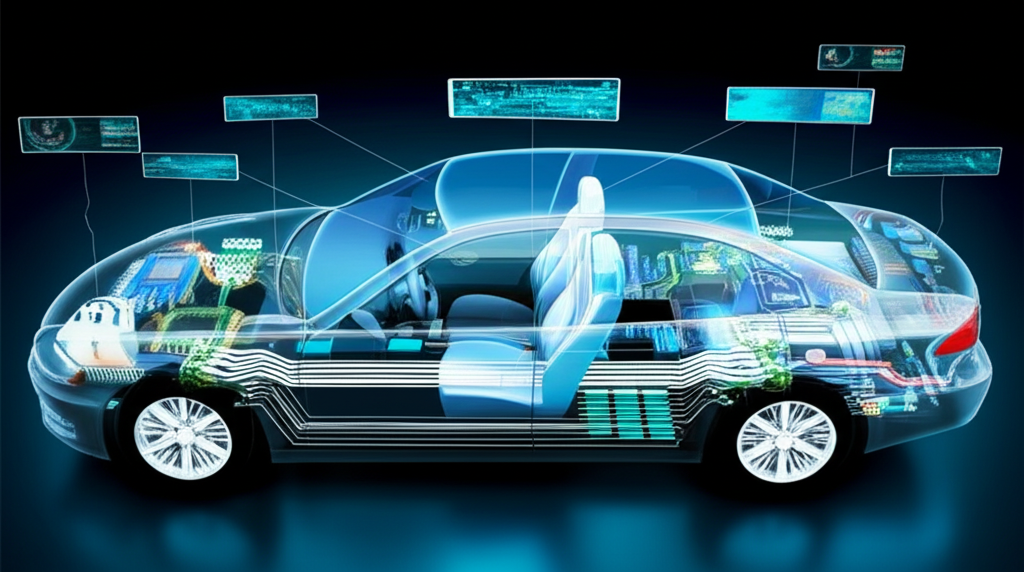 汽車內外部充滿感測器、晶片與螢幕等電子元件，展現車用電子概念股的廣泛範疇