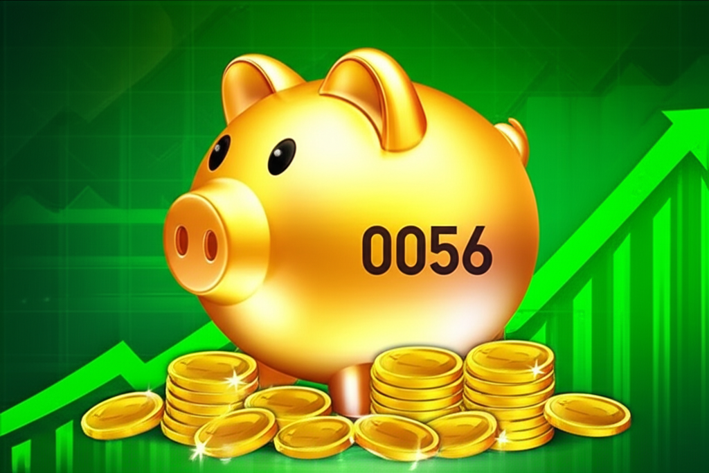 0056高股息ETF概念圖，金豬撲滿滿溢現金，背景為上揚股市走勢，象徵穩定被動收入