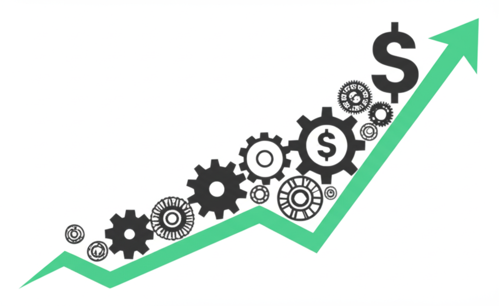 顯示車用電子市場大幅成長的圖表，包含美元符號與齒輪，代表蓬勃發展的產業