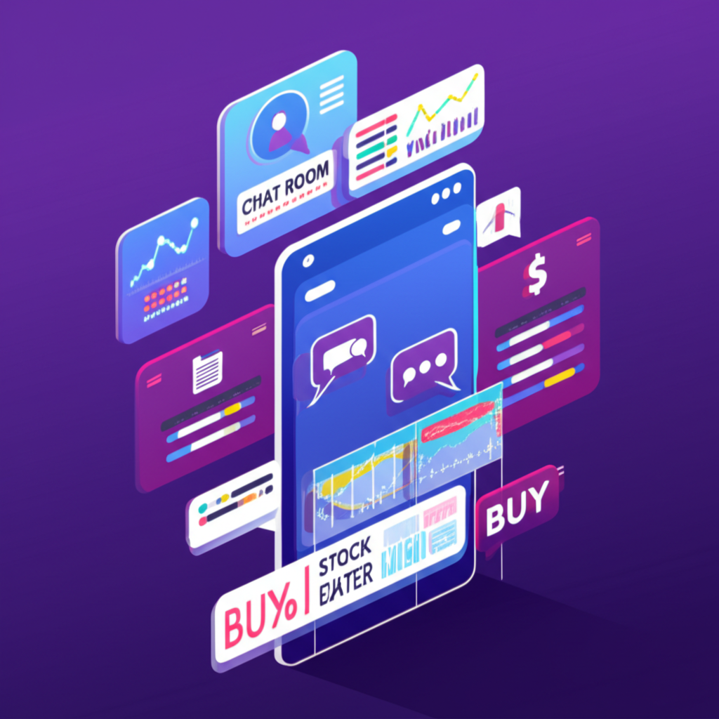 投資應用程式介面示意圖，中央為聊天室圖示，周圍環繞即時討論、個股分析與市場快訊等功能元素