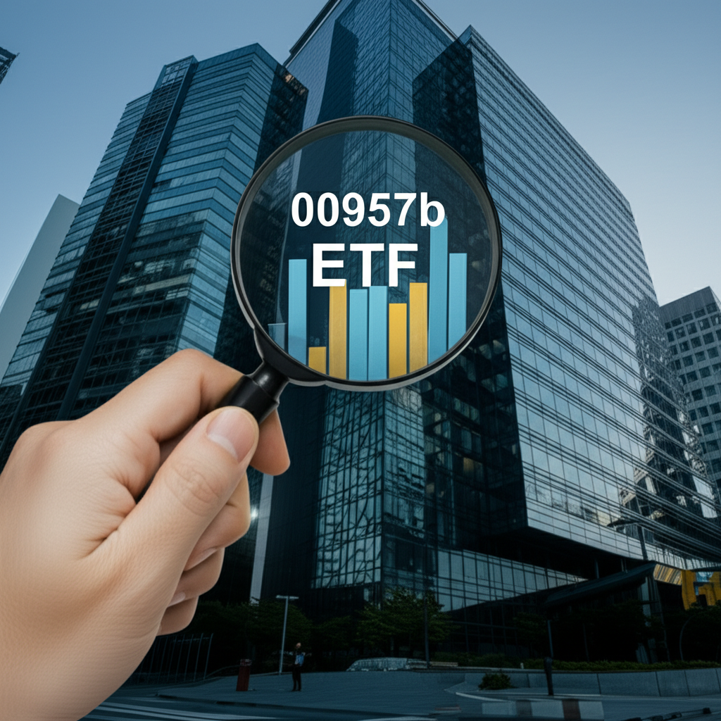 插圖：一人手持放大鏡觀察美國企業債券帶來的穩定月收入流向，背景為企業大樓，代表00957b ETF