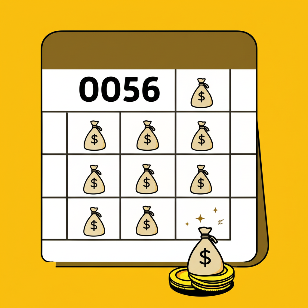 0056季配息行事曆，標示2、5、8、11月發放股利，搭配錢袋圖示強化現金流意象