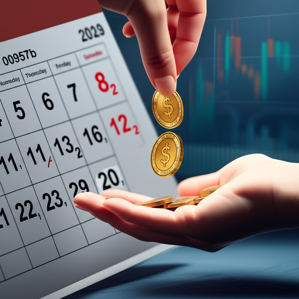 插圖：日曆上標示出每月配息日，金幣落入手中，象徵00957b每月配息，背景為財經圖表