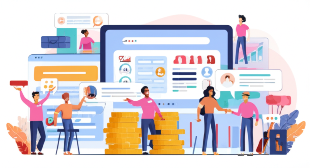 一群散戶投資者在線上社群平台交流股市資訊，展現即時互動與社區共識的插畫