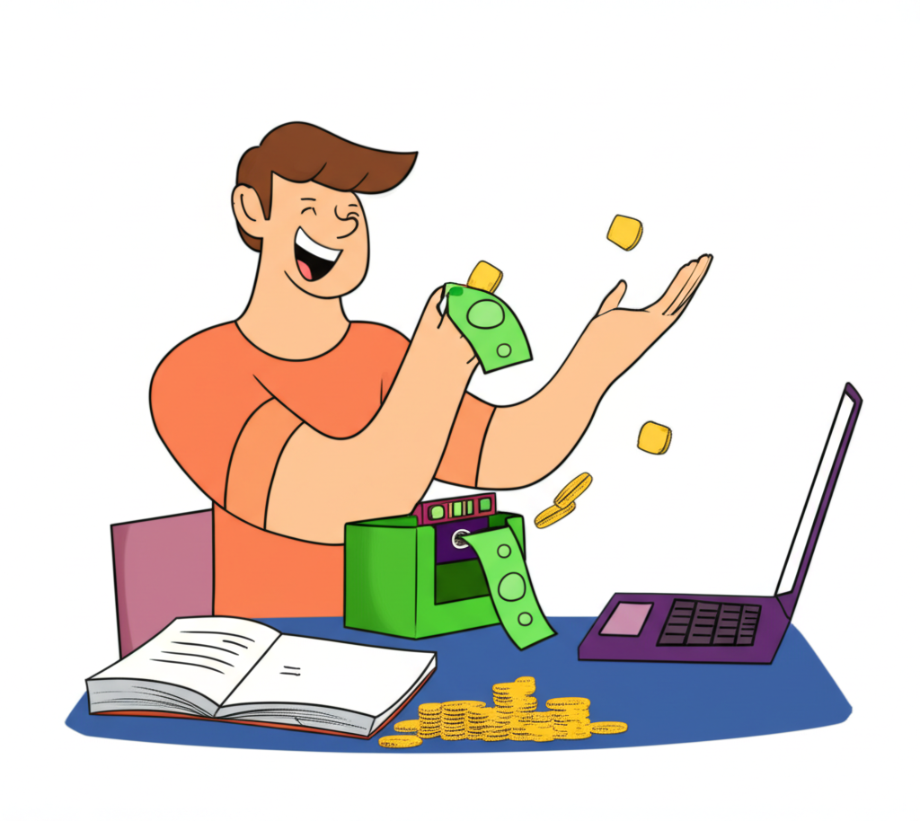 插畫：一名學生正愉快地從一台小型自動運作的機器中獲得源源不絕的收入，旁邊放著課本與筆電，象徵被動收入