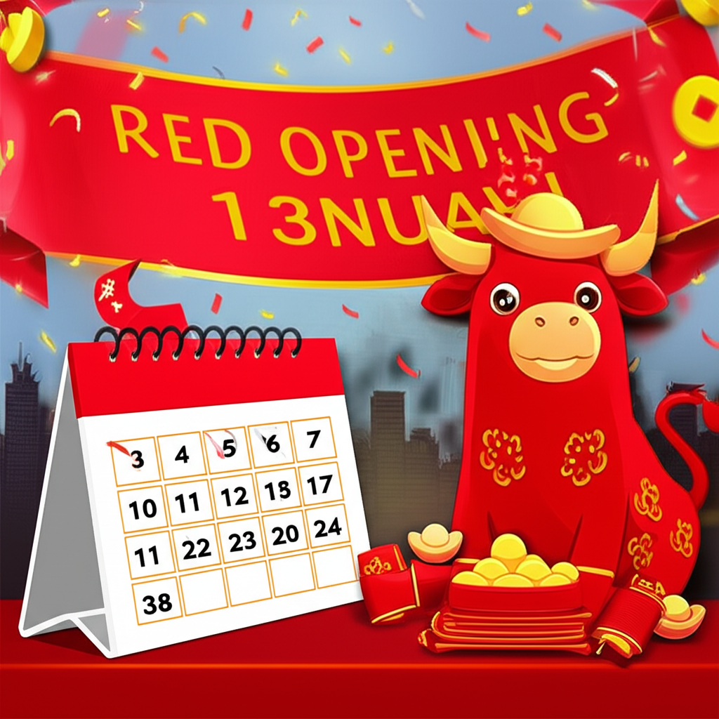 熱鬧的開紅盤慶祝場景，象徵好運與新開始，日曆標示春節假期結束，背景隱約可見國際市場活動