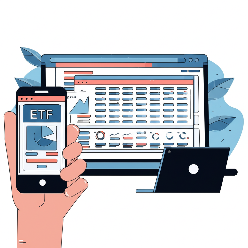 個人手持智慧型手機與筆電，觀看顯示ETF成分股列表與圖表的螢幕，背景為瀏覽器畫面，象徵查詢00909持股資訊的方式