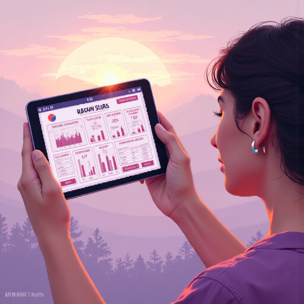 投資者審視數位平板上財務報告的像素藝術插圖，背景柔和日出象徵新起點